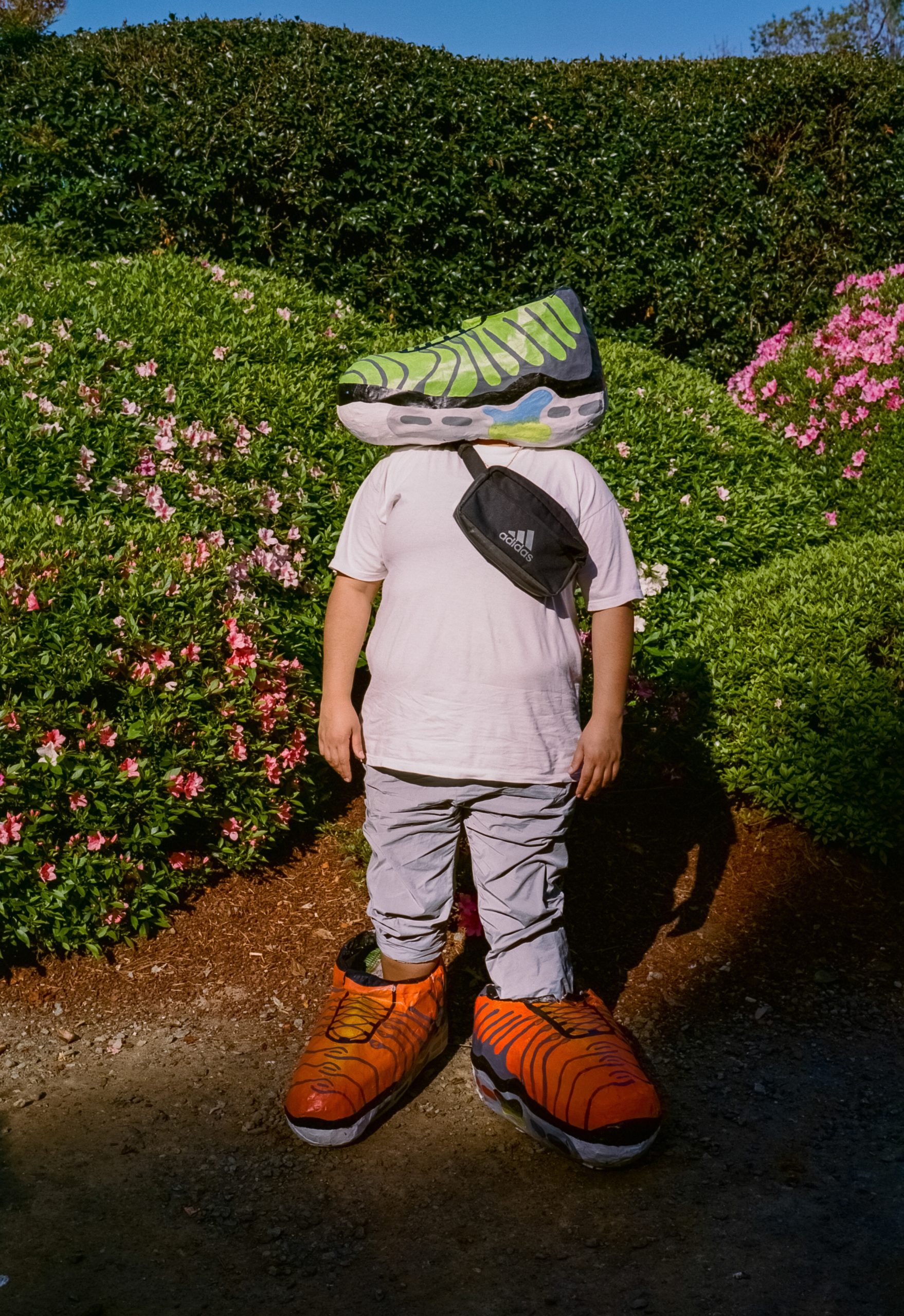 A figure stands tall in the middle of this photographic portrait amidst the Auburn Botanic Japanese Gardens. The non-binary figure is wearing two giant bright orange paper mache Nike Tn sneakers on their feet, one giant bright green paper mache Nike Tn sneaker on their head, one Adidas bumbag and reflective tracksuit pants. There are bright green trees behind them with pink flowers.