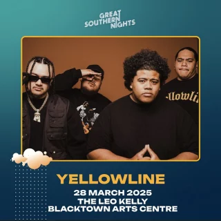 Great Southern Nights, Blacktown Arts and Powerhouse presents YELLOWLINE and Friends.  Get a first listen of the debut album from Western Sydney local legends, YELLOWLINE.  As part of the Great Southern Nights Festival, the Hip Hop collective is hosting an evening to celebrate, ‘Stand Behind It’.  The album is a call to action and a vision for change.
YELLOWLINE, with community and their talented friends, mark this milestone at The Leo Kelly Blacktown Arts Centre.  Enjoy fresh music, register now!
Link via bio.  Friday 28 March
5 pm to 9 pm  @blacktowncitycouncil @greatsouthernnights @visitnsw @aria_official @powerhouse @creatensw @yellowline.ent  #greatsouthernnnights #feelnsw #feelnewsydney #BlacktownArts #BlacktownCityCouncil #YELLOWLINEandFriends #Music #Debutalbum #GreatSouthernNights  —
Image: YELLOWLINE, photography by Justin Cueno
ID: Image showcases the Hip Hop collective, YELLOWLINE, standing together in a row, in front of a dark brown background. Frame graphic design by Great Southern Nights.