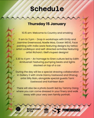 Blacktown Garage Party Day 1 is here 🙌  We’re kicking things off with a full day of creativity, connection and sound. Dive into hands-on art making, soak up the sounds with music, experience siren culture up close, and don’t forget to hit the photobooth to capture the moment.  Check out the full Day 1 schedule and come through ready to make, move, and celebrate with us.  See you there! 🎉  The Leo Kelly Blacktown Arts Centre
10 am to 4 pm 
Free to attend  Register via link in bio.  @blacktowncitycouncil @sydney_festival @sione_has_doubts @edith_amituanai @solglow @timtamdang @indiasfacepainting @tarnieastwood @richardjbell84  #BlacktownArts #BlacktownCityCouncil #BlacktownGarageParty #Free #Family #Blacktown  ---
Image: Design by Wasielah Noorsjamsi @waseilanoor