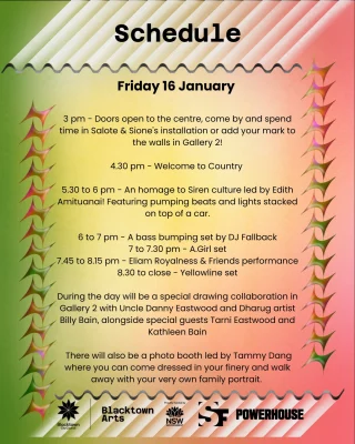 Blacktown Garage Party Day 2 is here!  We’re back and turning it up louder. Speakers and lights stacked on cars, bass in your chest, and a night of unstoppable energy. 
Line-up: 
🕒 3.00 pm: Doors open 
Come by and spend time in Salote & Sione’s installation, or add your mark to the walls in Gallery 2.  🕟 4.30pm: Welcome to Country  🕠 5.30 pm to 6.00 pm: An homage to Siren culture led by Edith Amituanai 
🕕 6.00 pm to 7.00 pm: DJ Fallback 
🕖 7.00 pm to 7.30 pm: A.Girl 
🕢 7.45 pm to 8.15 pm: Eliam Royalness with Taimania Foa’i and Tima Taito 
🕣 8.30 pm to 9.00 pm: YELLOWLINE 
Pull up. Bring your people. Jam with us in the garage. 💥  @blacktowncitycouncil @sydney_festival @edith_amituanai @agirlartist @mrs_fallback @yellowline.ent @eliamroyalness @theteinetima @taimaniafoai 
#BlacktownArts #BlacktownCityCouncil #BlacktownGarageParty  --- 
Images: Image 1 and 10, Design by Wasielah Noorsjamsi @wasielanoor. Image 2, DJ Fallback, courtesy of artist. Image 4, A.Girl, photo by Xinger Xanger. Image 6, Eliam Royalness, courtesy of artist. Image 8, YELLOWLINE, courtesy of artist
ID: Images show artists from the last day of Blacktown Garage Party