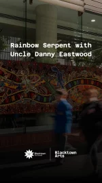 Celebrate culture and community with the ‘Rainbow Serpent’ by Uncle Danny Eastwood!  After time out of the public eye, the detailed artwork is now available to view as a large-scale print, across the Max Webber Library windows.  Uncle Danny’s original artwork spent 5 years behind the desks of telephone operators handling difficult calls, offering moments of calm and emotional respite. Now, we hope this striking installation brings that same sense of comfort, safety and joy to the Blacktown City community.  🎥 Stay tuned for a special video interview with Uncle Danny Eastwood, sharing the story and significance behind ‘Rainbow Serpent’ (1988).  📍Visit Max Webber Library  @blacktowncitycouncil @blacktowncitylibraries  #BlacktownArts #BlacktownCity #RainbowSerpent #PublicArt #UncleDannyEastwood #FirstNations  --- 
Video: Uncle Danny Eastwood in Max Webber Library podcast studio, 2026, courtesy of Blacktown Arts