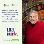 Blacktown City Council and Blacktown Arts are celebrating Local Government Week with ‘Rainbow Serpent’ (1988) by Uncle Danny Eastwood. 
This detailed artwork is now available to view as a large-scale print, across the Max Webber Library windows. 
@blacktowncitycouncil @blacktowncitylibraries  #BlacktownArts #BlacktownCityCouncil #LGWeek2026  --- 
Image: Uncle Danny Eastwood with his work 'Rainbow Serpent' (1988) at Max Webber Library, 2026, photography by Garry Trinh